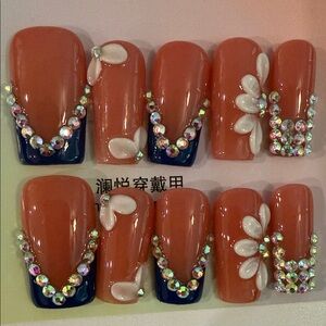 Elegant white and Navy handmade press on Nail Art Set